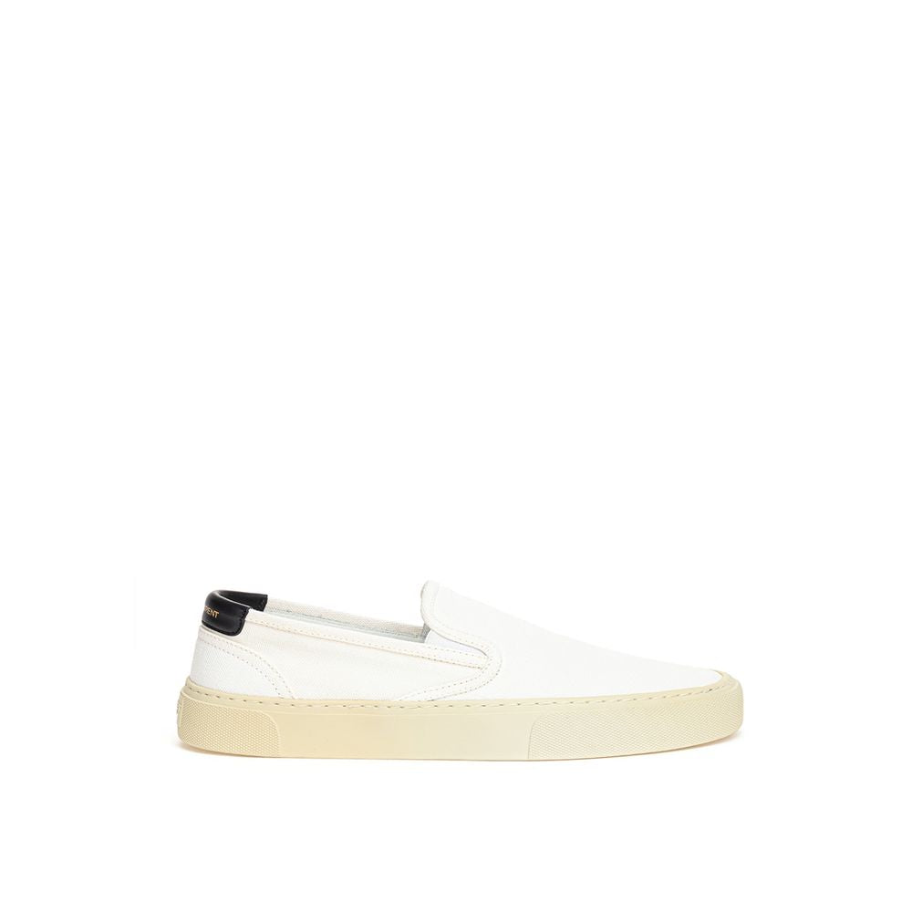White slip on shoe with black laces and sole