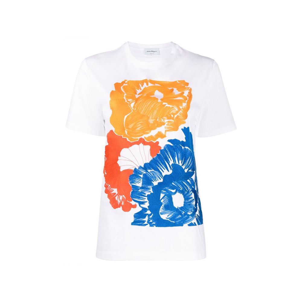 White t-shirt with orange and blue floral print