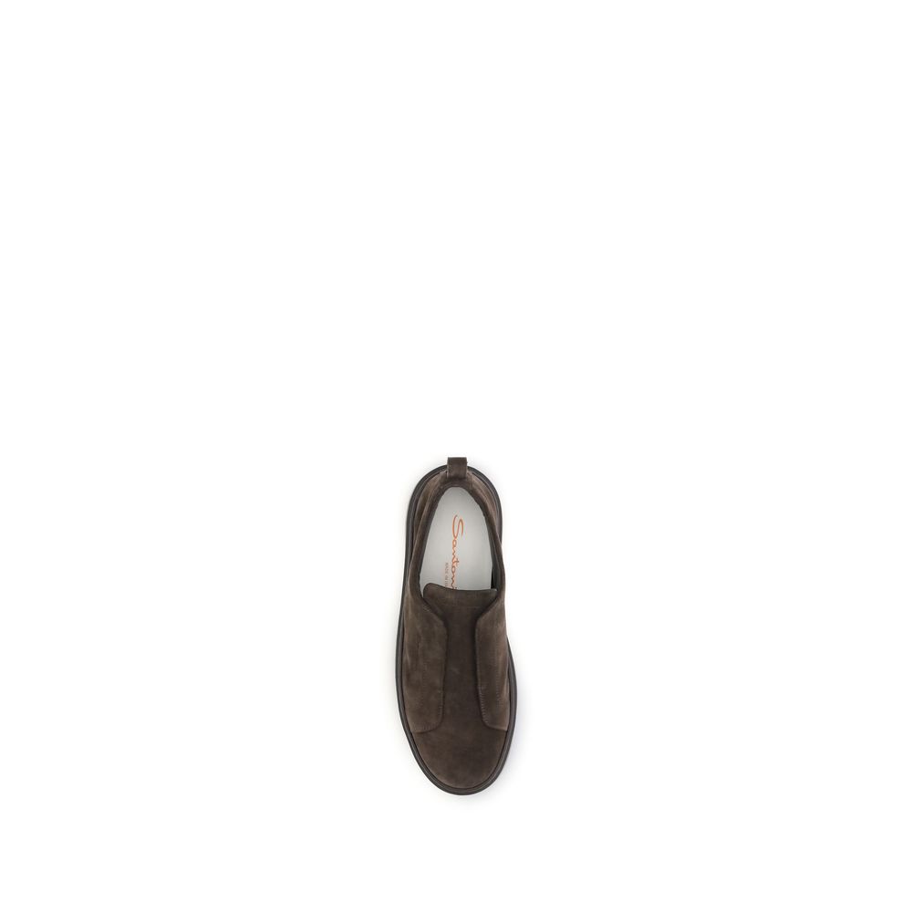 A single brown calf leather shoe with a white sole, featuring the Santoni logo on the side