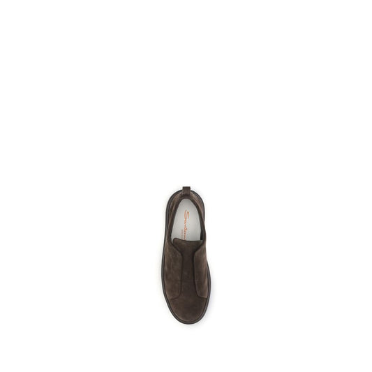 A single brown calf leather shoe with a white sole, featuring the Santoni logo on the side