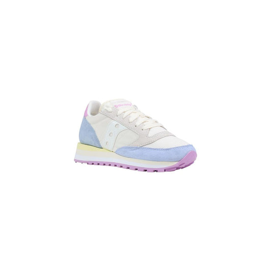 Pair of athletic sneakers with laces, cream suede upper and pink accents