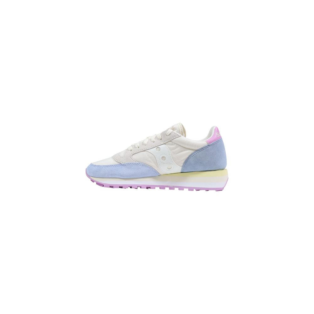 A pair of blue and white athletic sneakers with pink accents