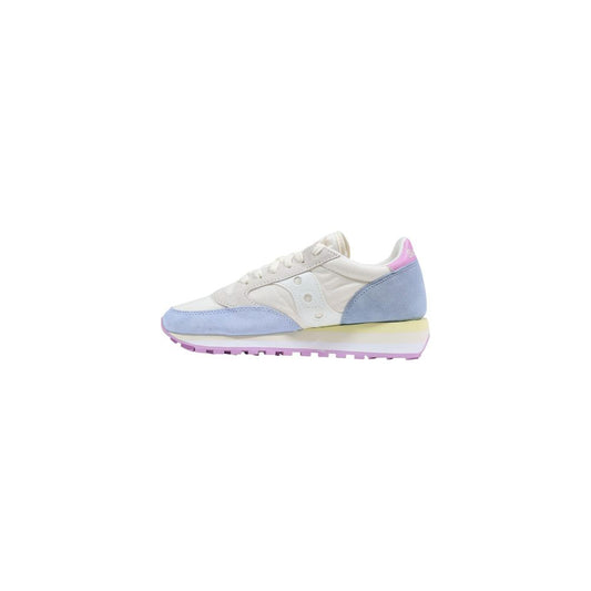 A pair of blue and white athletic sneakers with pink accents