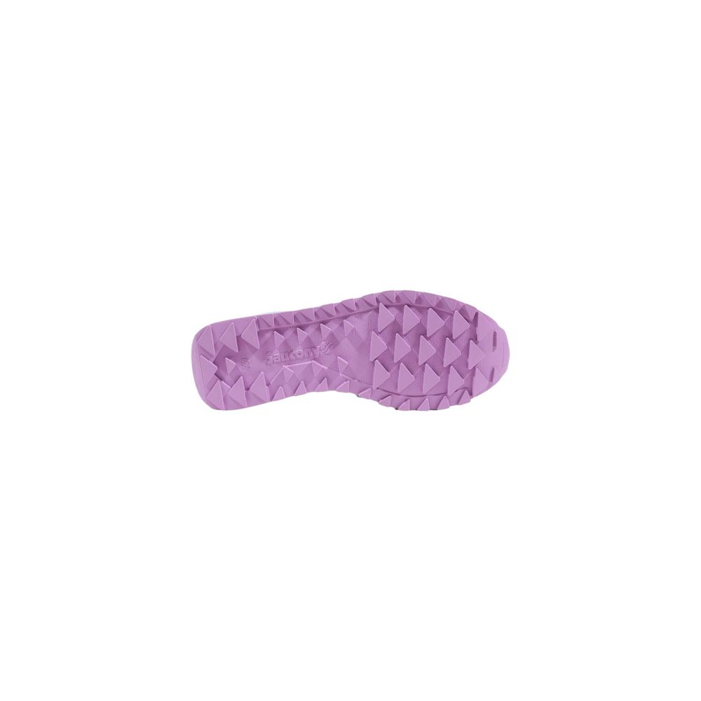 Purple athletic shoe with cream suede leather upper