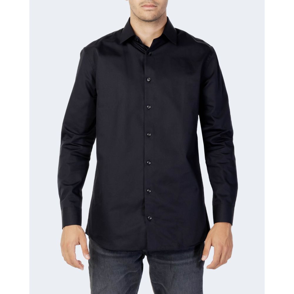 A black cotton dress shirt with buttons down the front
