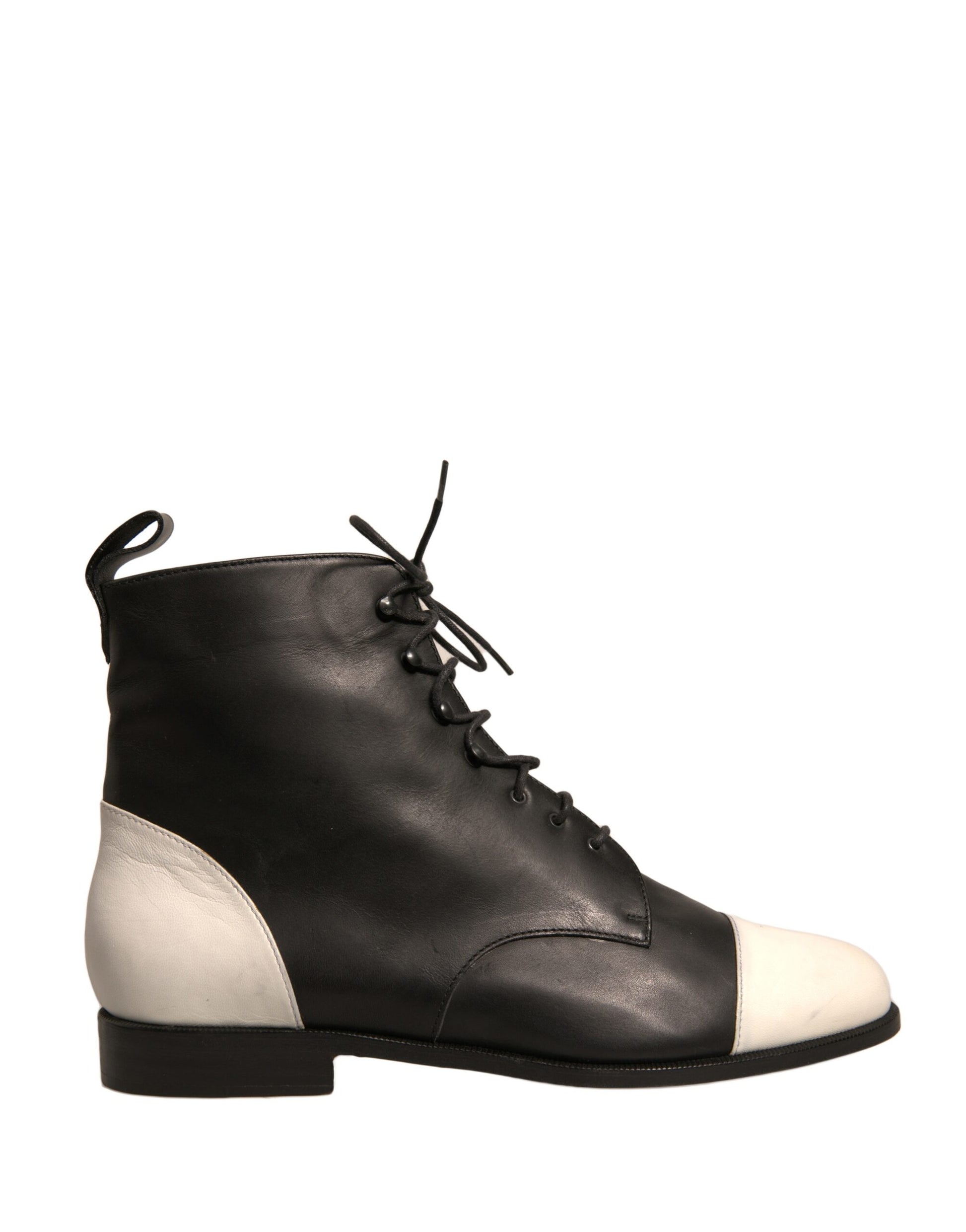 Black leather boot with white laces and trim