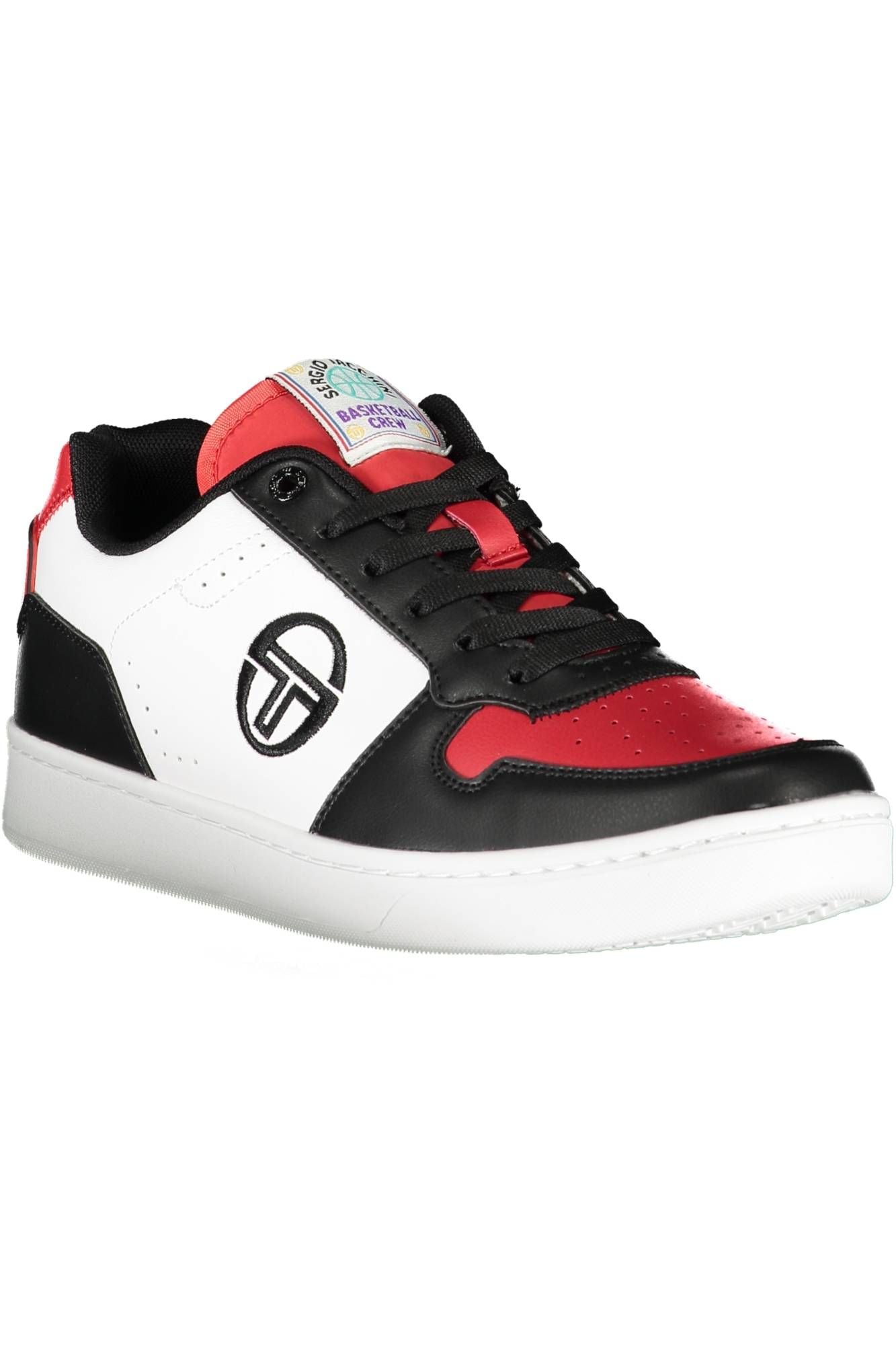 Red and black sneaker with white sole
