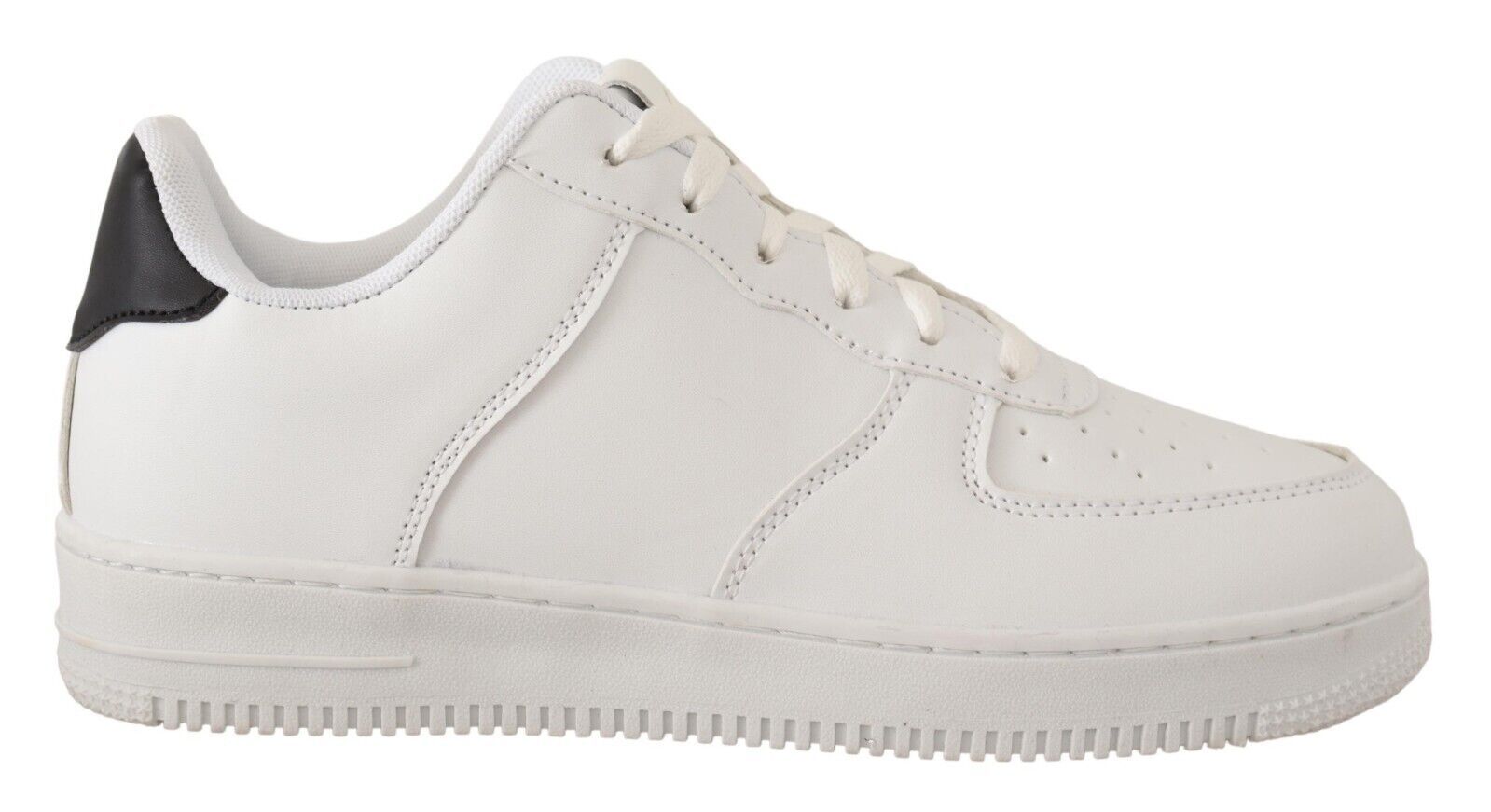 White sneakers with black laces and white soles