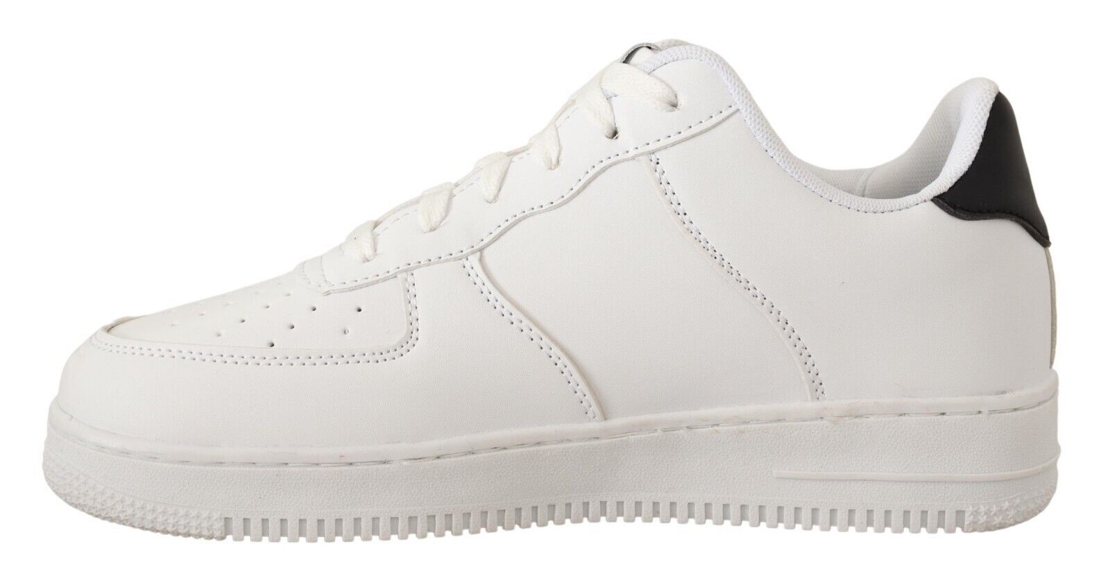 White sneaker with black laces and white sole