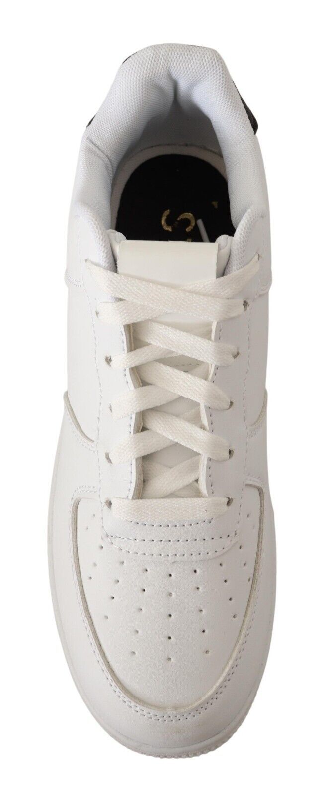 White sneaker with laces and a logo on the tongue