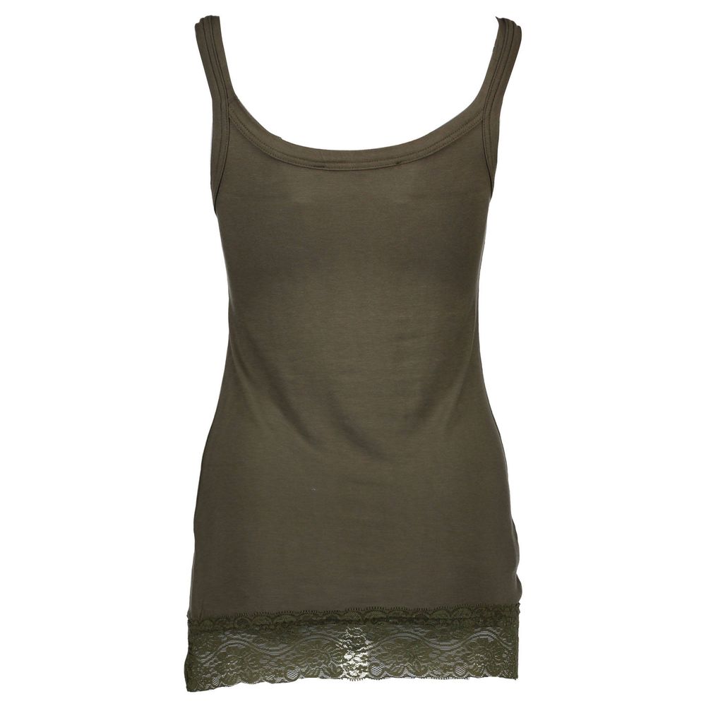 Green cotton tank top with lace trim on neckline