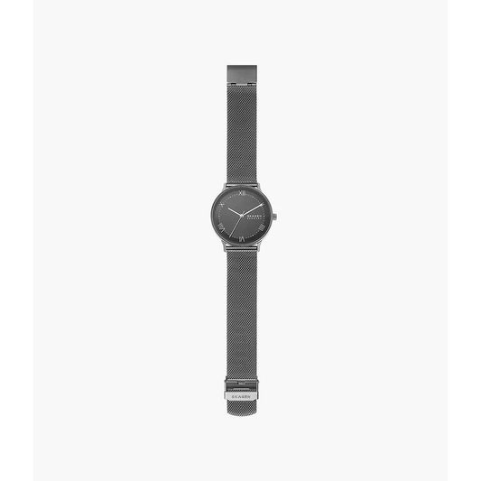 A gray stainless steel watch with a black face, featuring a textured band