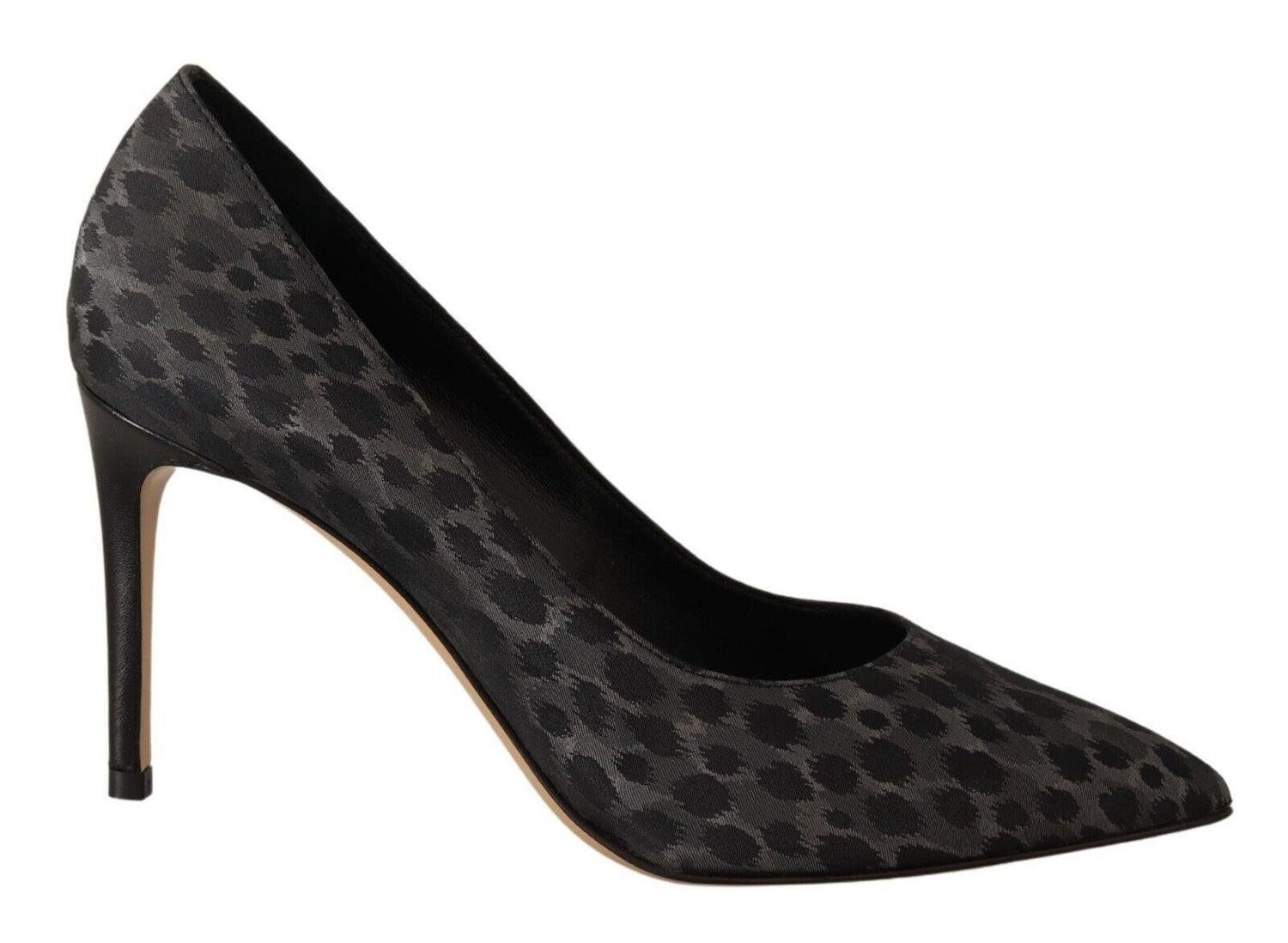 Black high heel shoe with patterned design on toe and heel