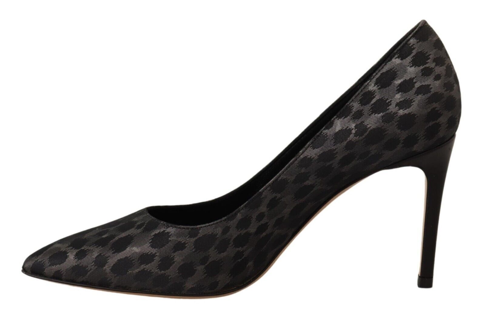 Black high heel shoe with patterned design on toe and heel