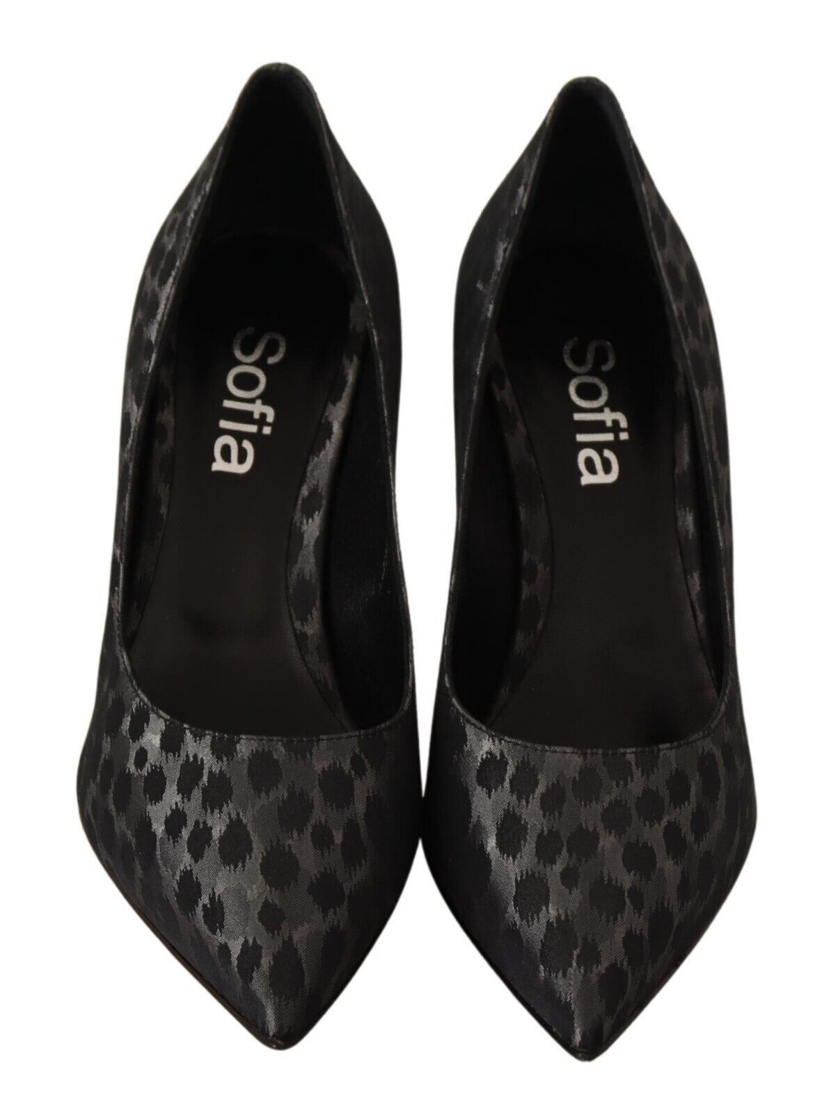 Pair of black high heel shoes with animal print design on soles