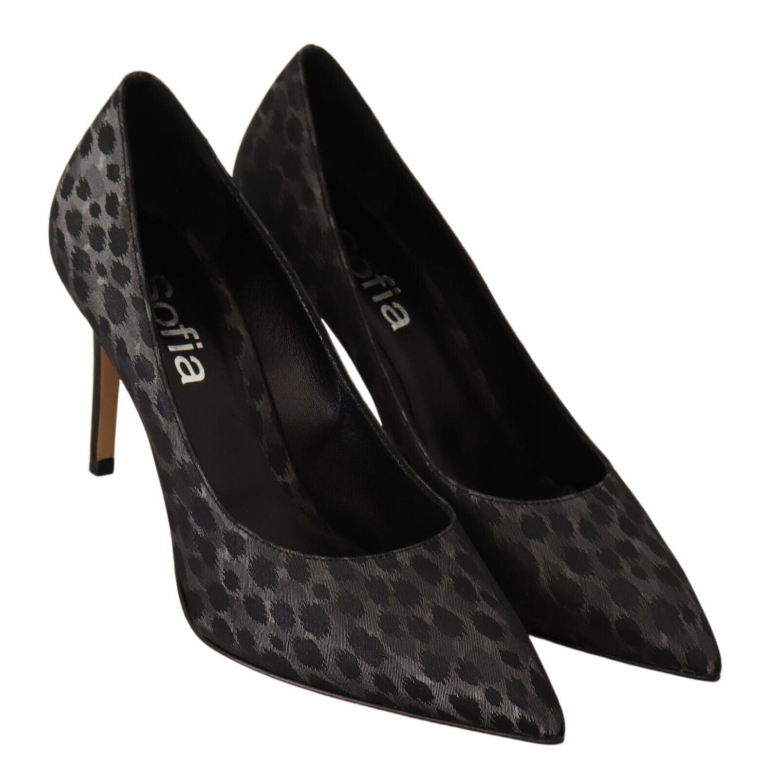 Pair of black high heel shoes with a patterned design on the toe and heel