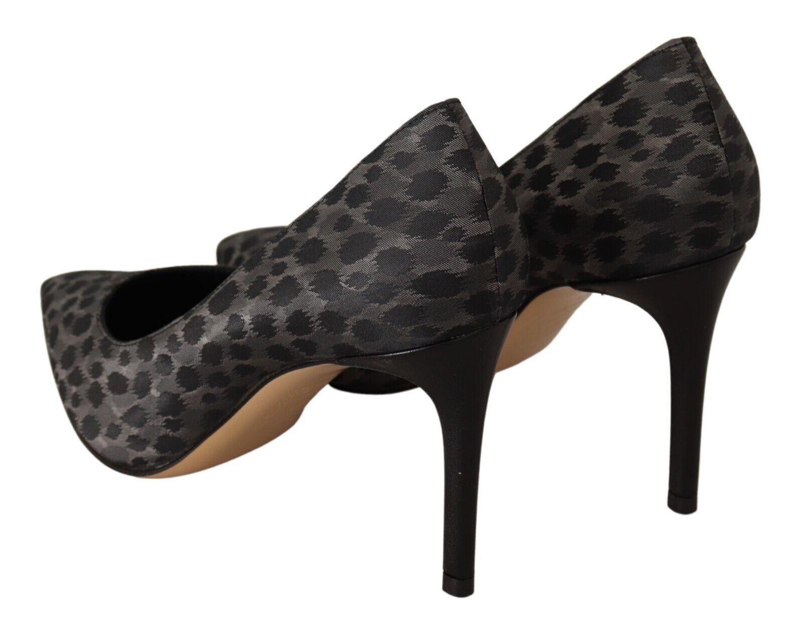 Pair of black high heel shoes with brown trim and patterned design