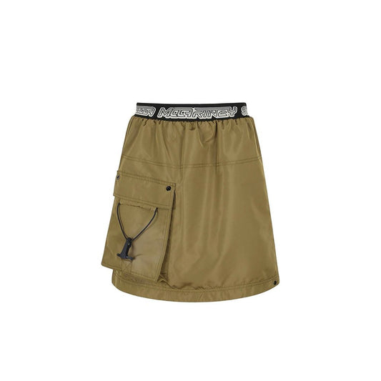Tan cargo shorts with pockets and drawstring waistband