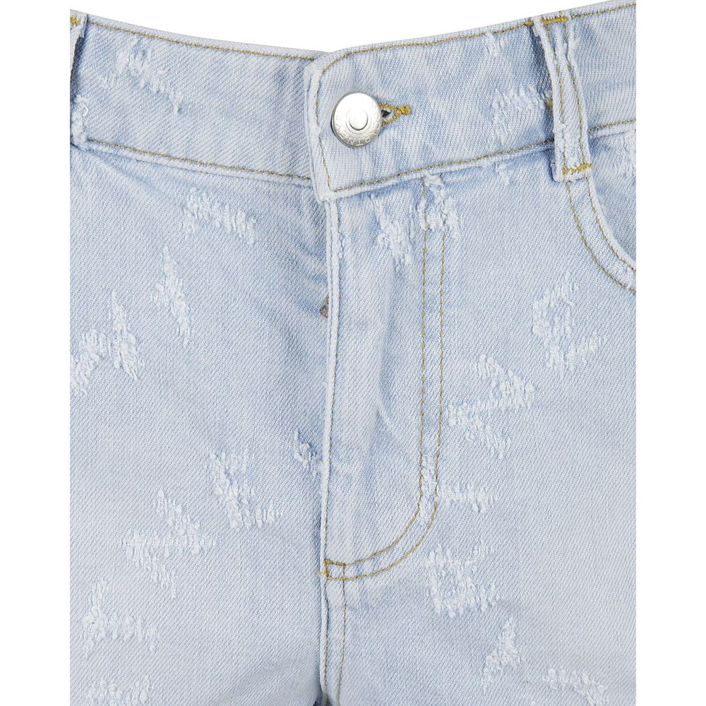 Blue denim jeans with distressed design on front