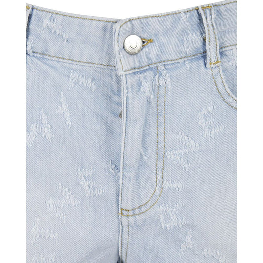 Blue denim jeans with distressed design on front