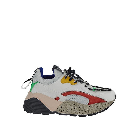 White sneaker with red accents, black laces, and a textured sole