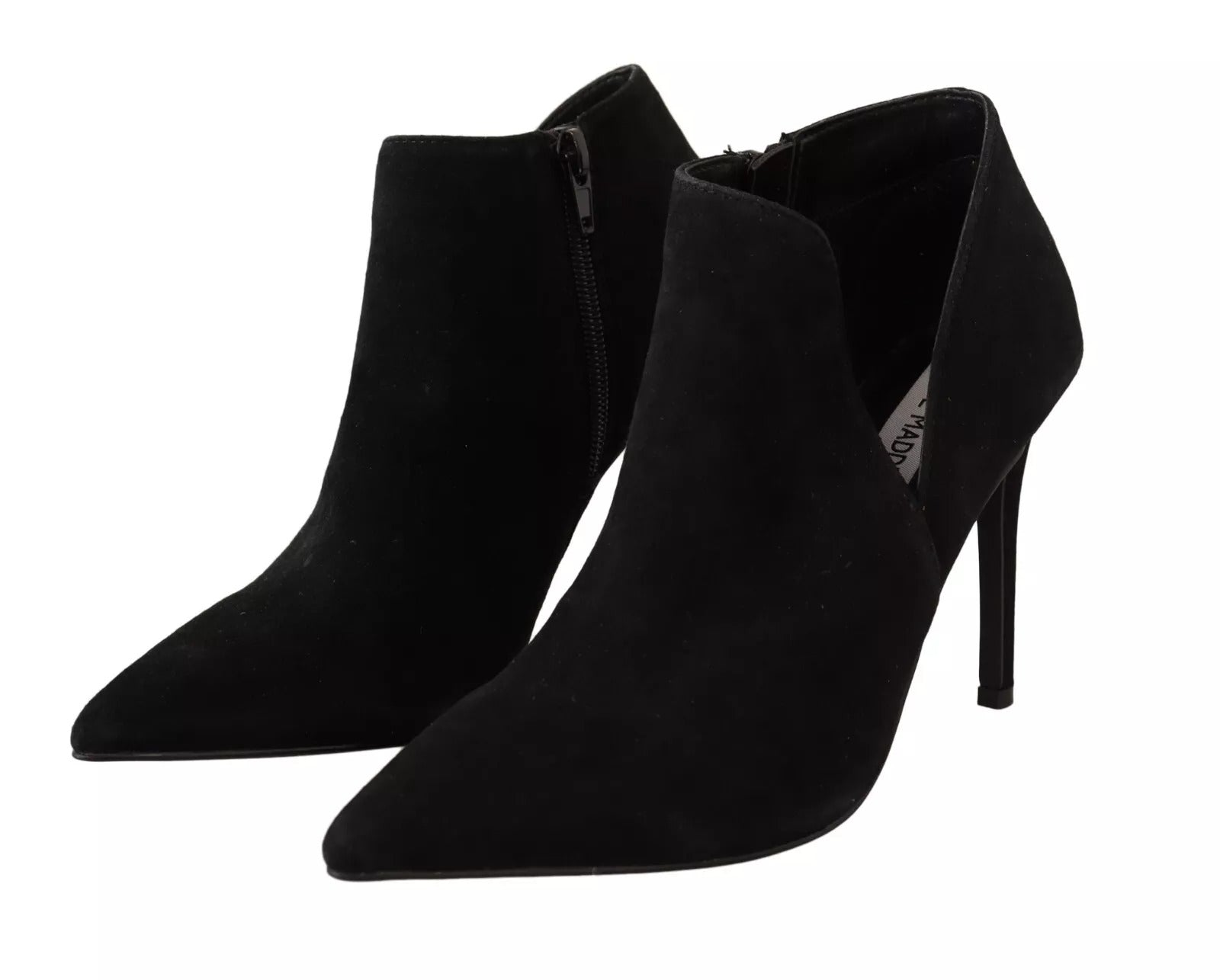 Pair of black suede ankle boots with zipper detailing
