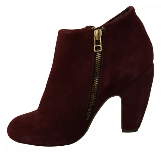 Dark burgundy suede ankle boot with zipper detailing