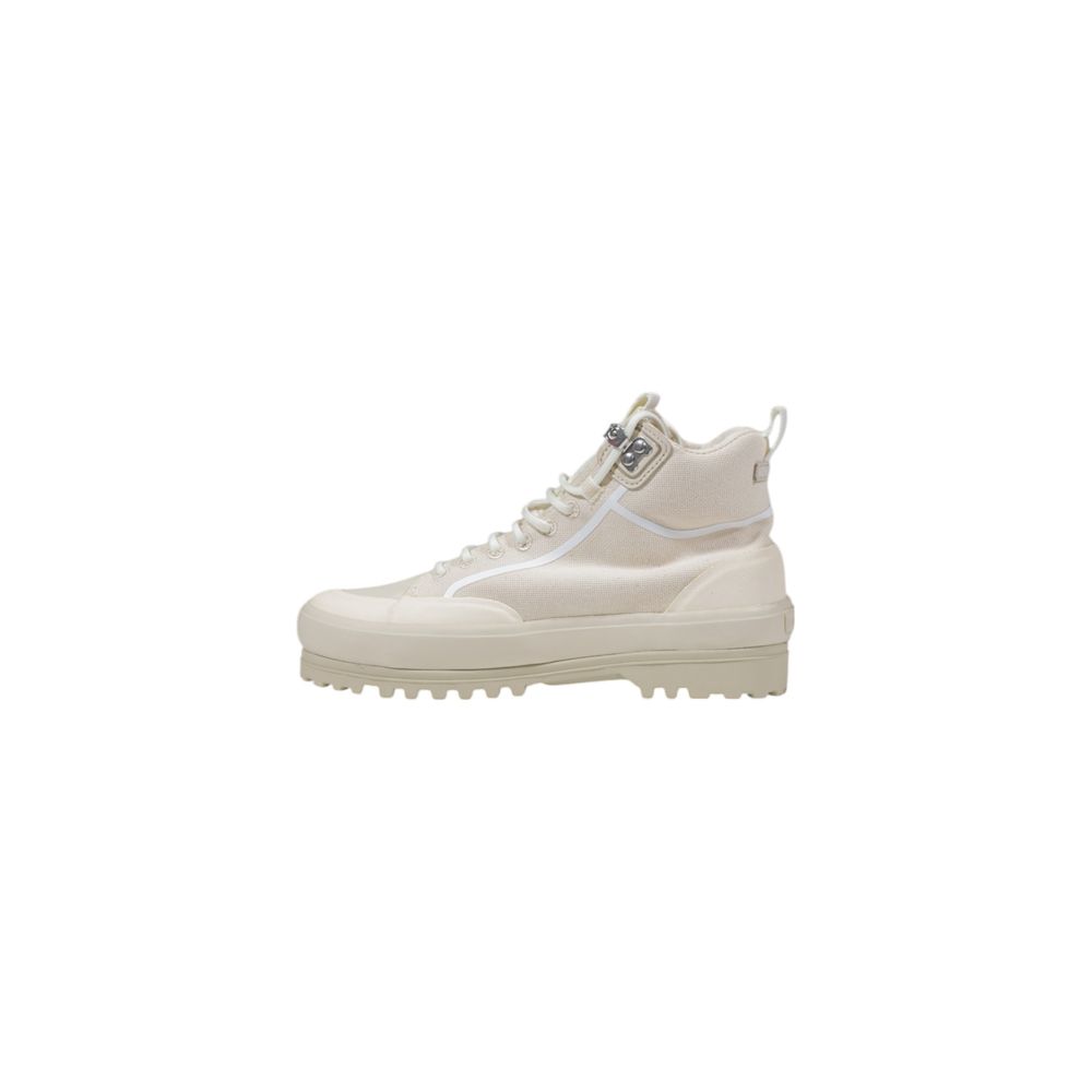 Tan suede sneakers with white laces and rubber soles