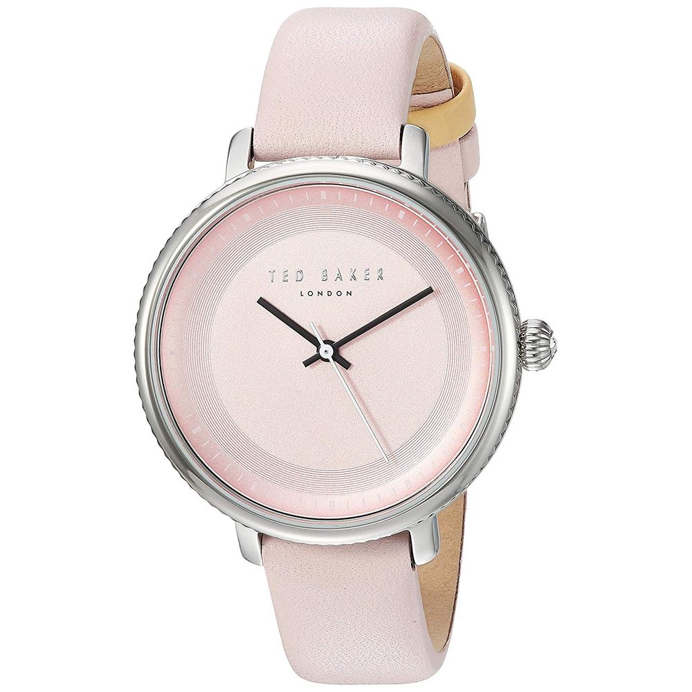 Pink leather watch with silver hands and logo on face