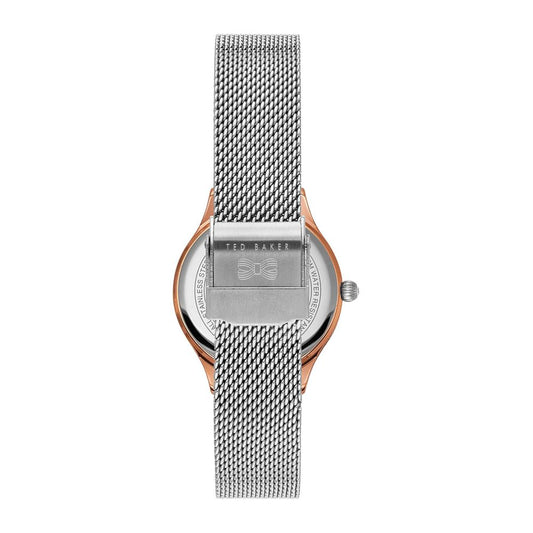 A silver stainless steel watch with a textured band from Ted Baker