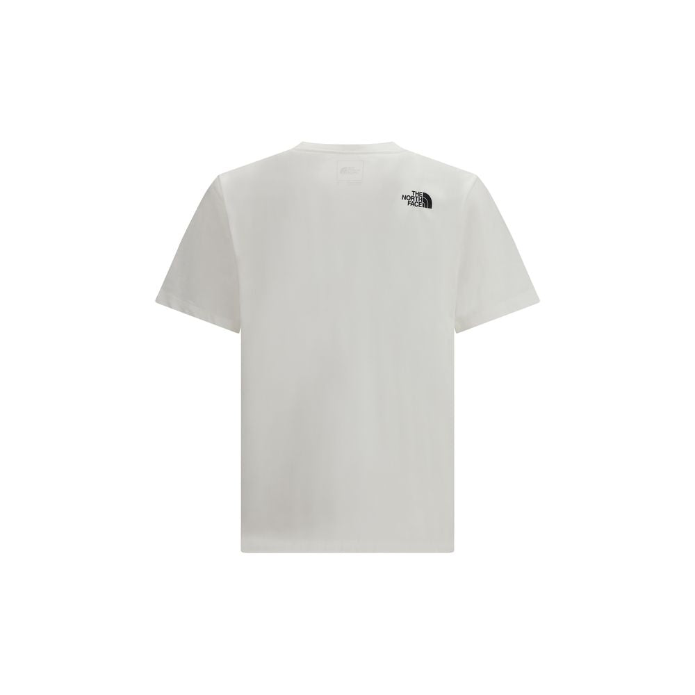 A white cotton t-shirt with a small black logo on the left chest area