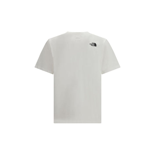 A white cotton t-shirt with a small black logo on the left chest area