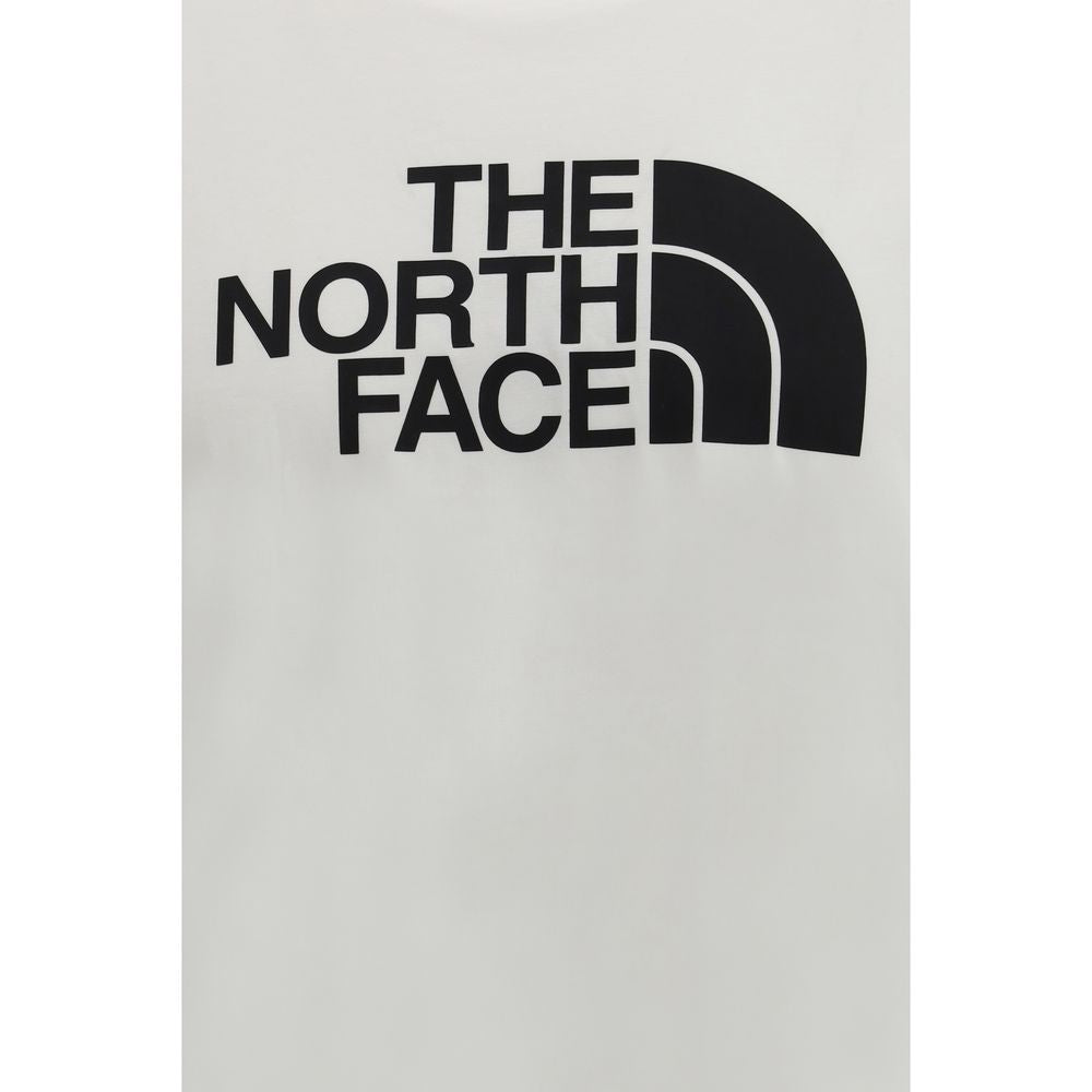 A white cotton t-shirt with black text reading "The North Face"