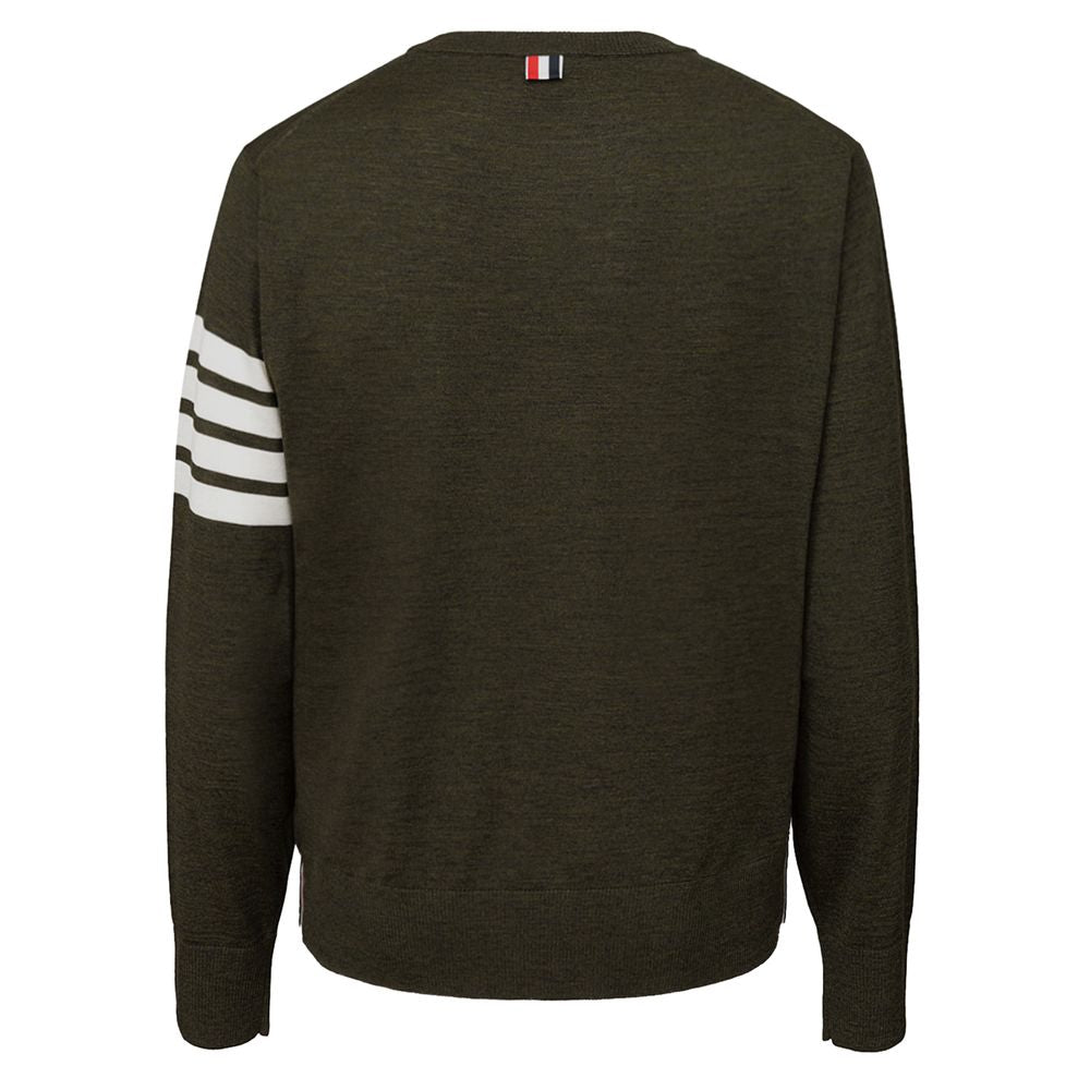 Dark green sweater with white stripes on sleeves