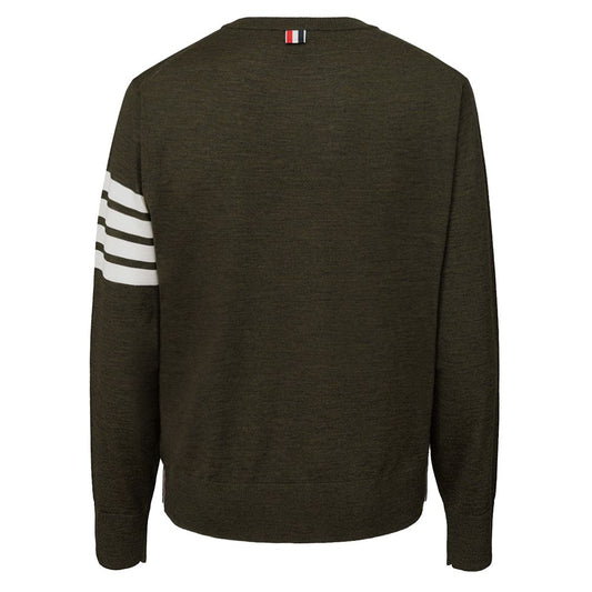 Dark green sweater with white stripes on sleeves