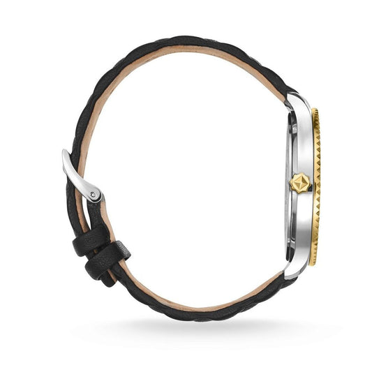A black leather bracelet with a silver watch face and gold accents