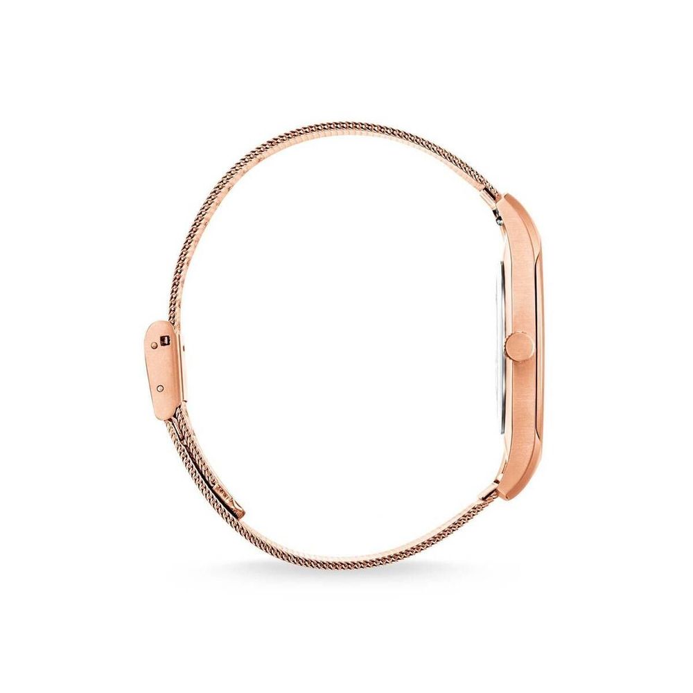 A rose gold bracelet with a stainless steel watch face