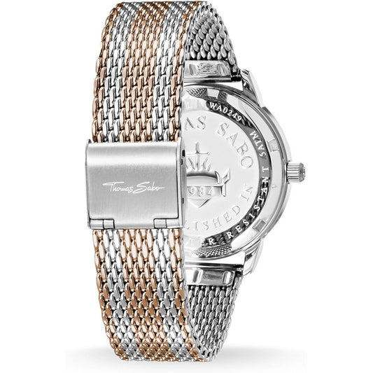 A multicolored stainless steel watch with a bracelet featuring interwoven gold and silver tones