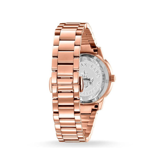 A rose gold watch with a white face, featuring a crown on the right side and a date window at 6 o'clock