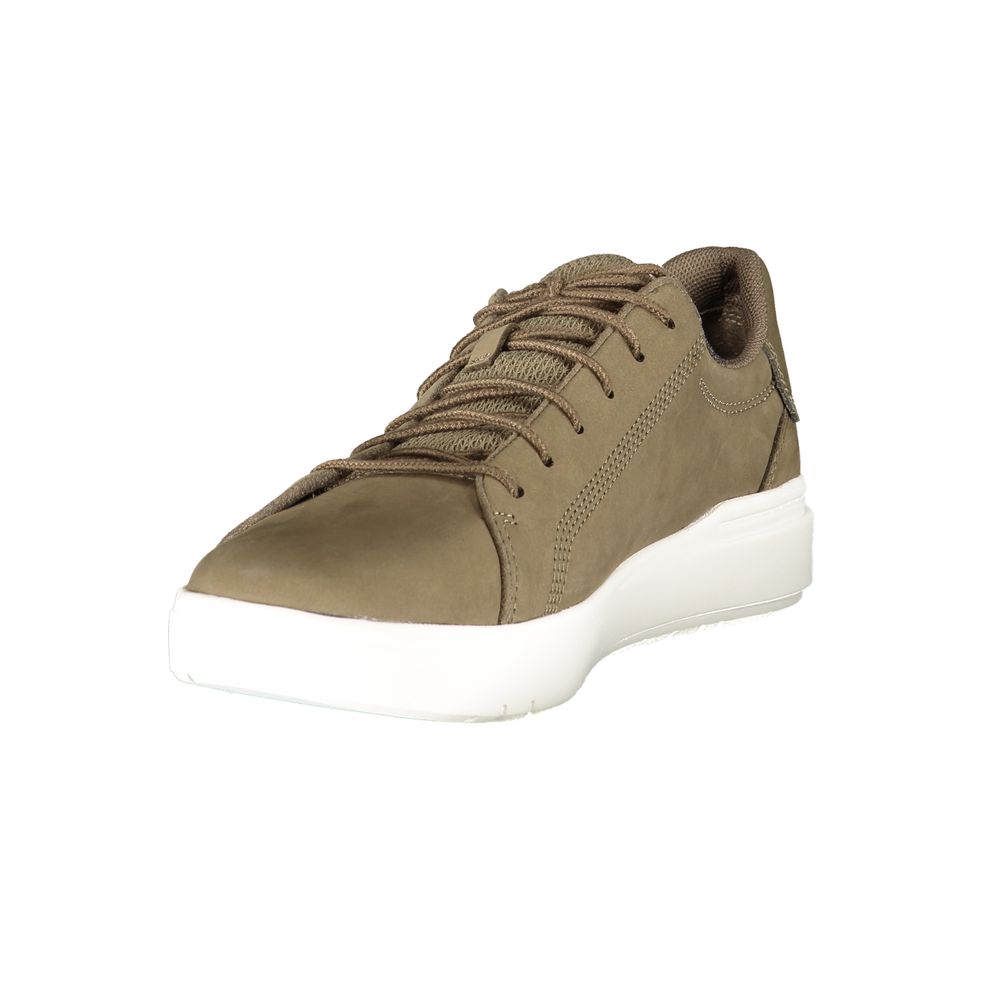 Brown men's shoe with white sole, laces, and trim