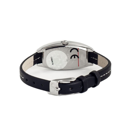 A black leather watch with a silver face and a white strap