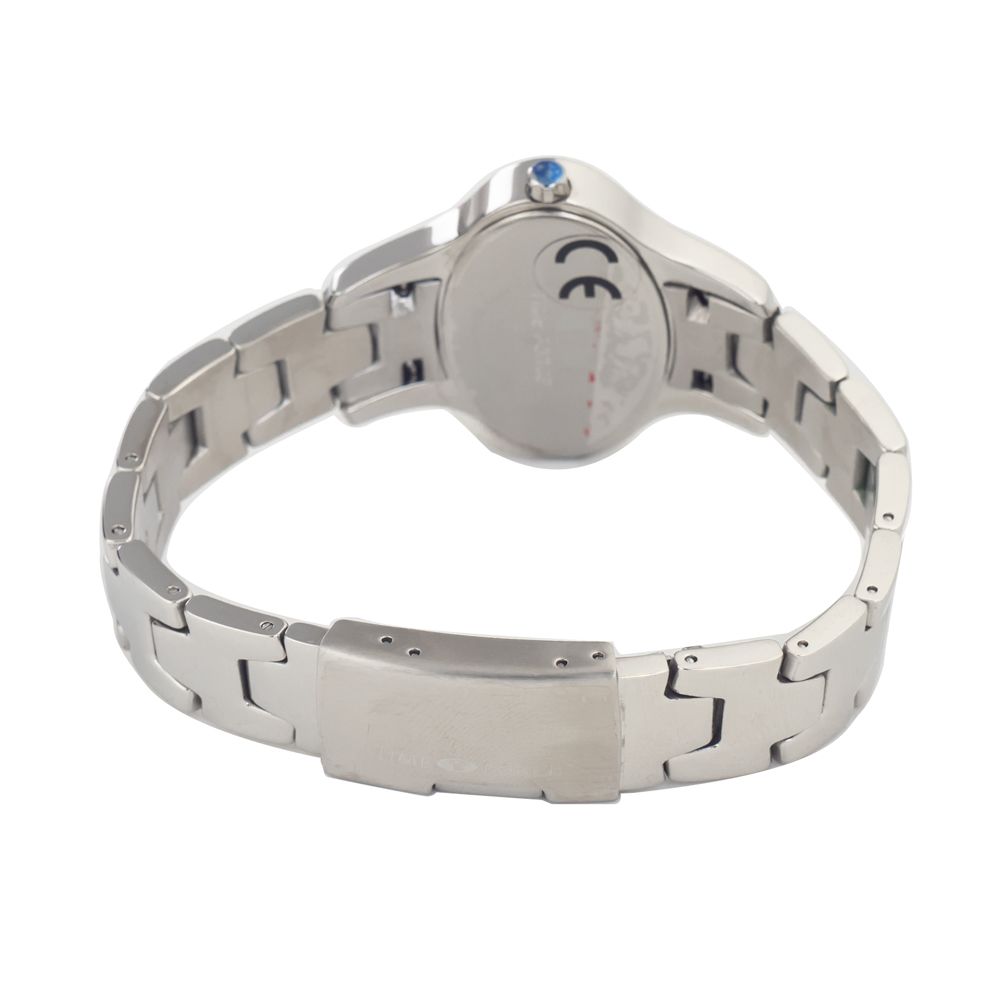 A silver stainless steel bracelet with a watch face, featuring a blue gemstone and a logo on the watch face
