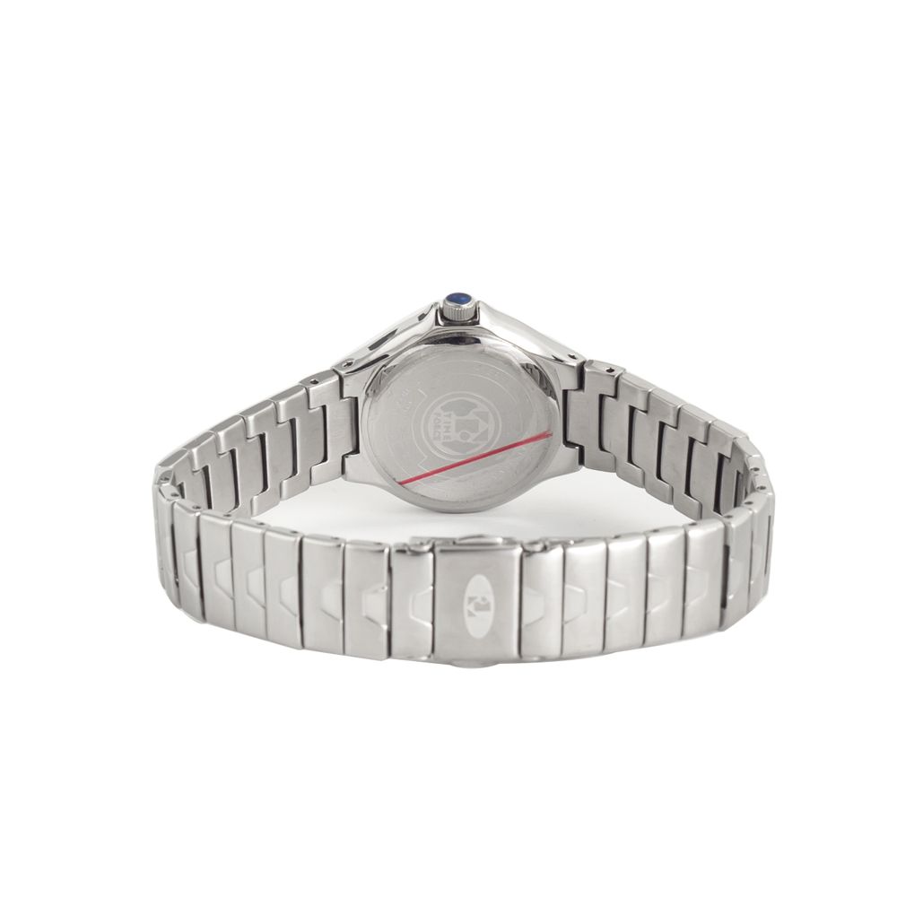 A silver stainless steel watch with a white face, black hands, and red second hand