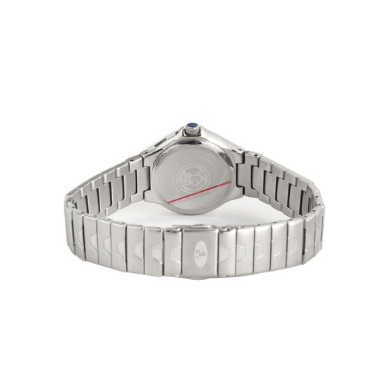 A silver stainless steel watch with a white face, black hands, and red second hand
