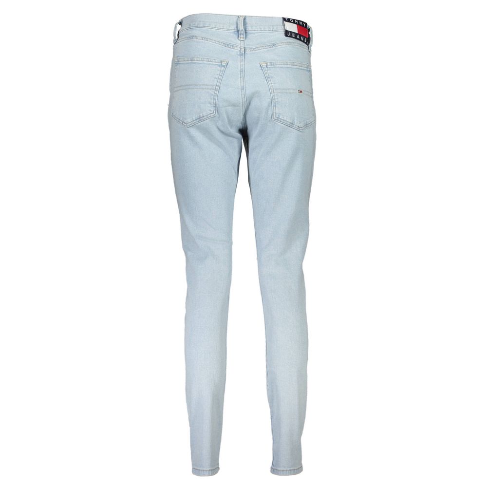 Pair of light blue denim jeans with a visible brand logo on the waistband
