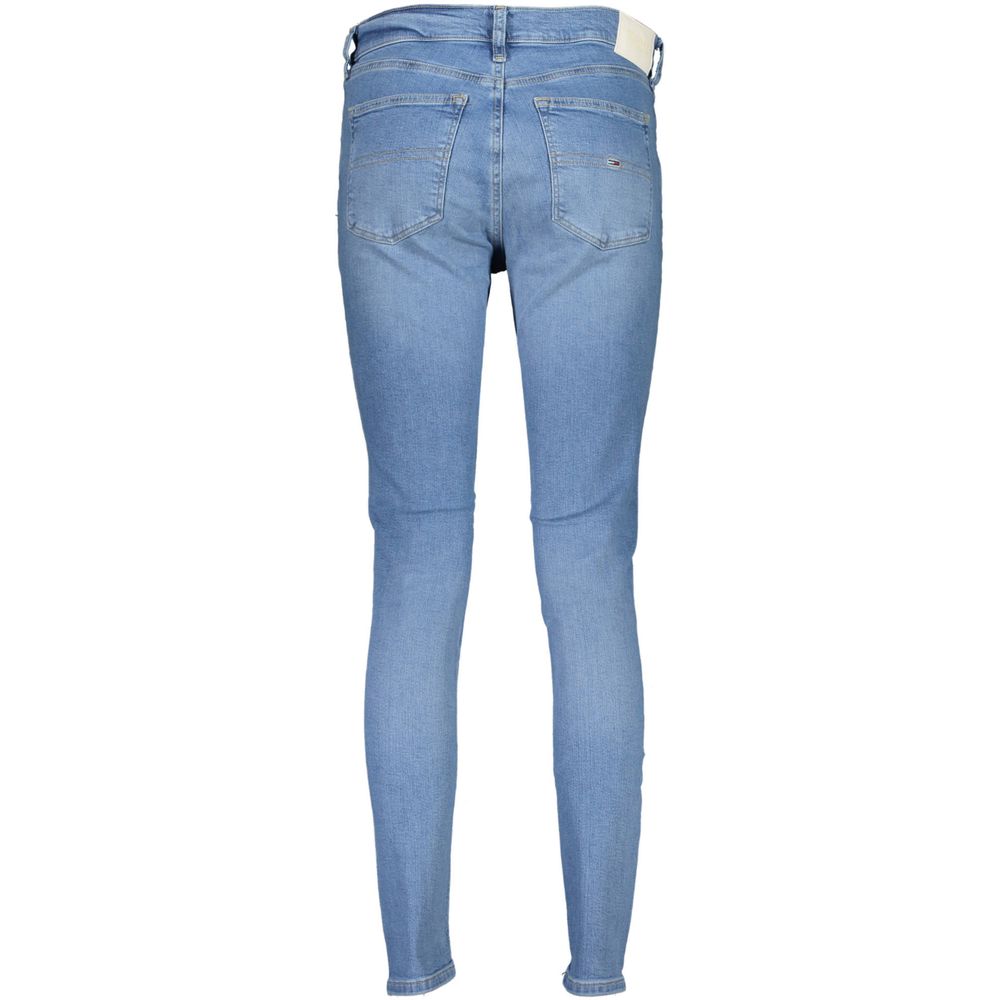 Pair of blue denim jeans with zipper fly and belt loops