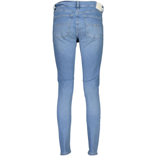 Pair of blue denim jeans with zipper fly and belt loops