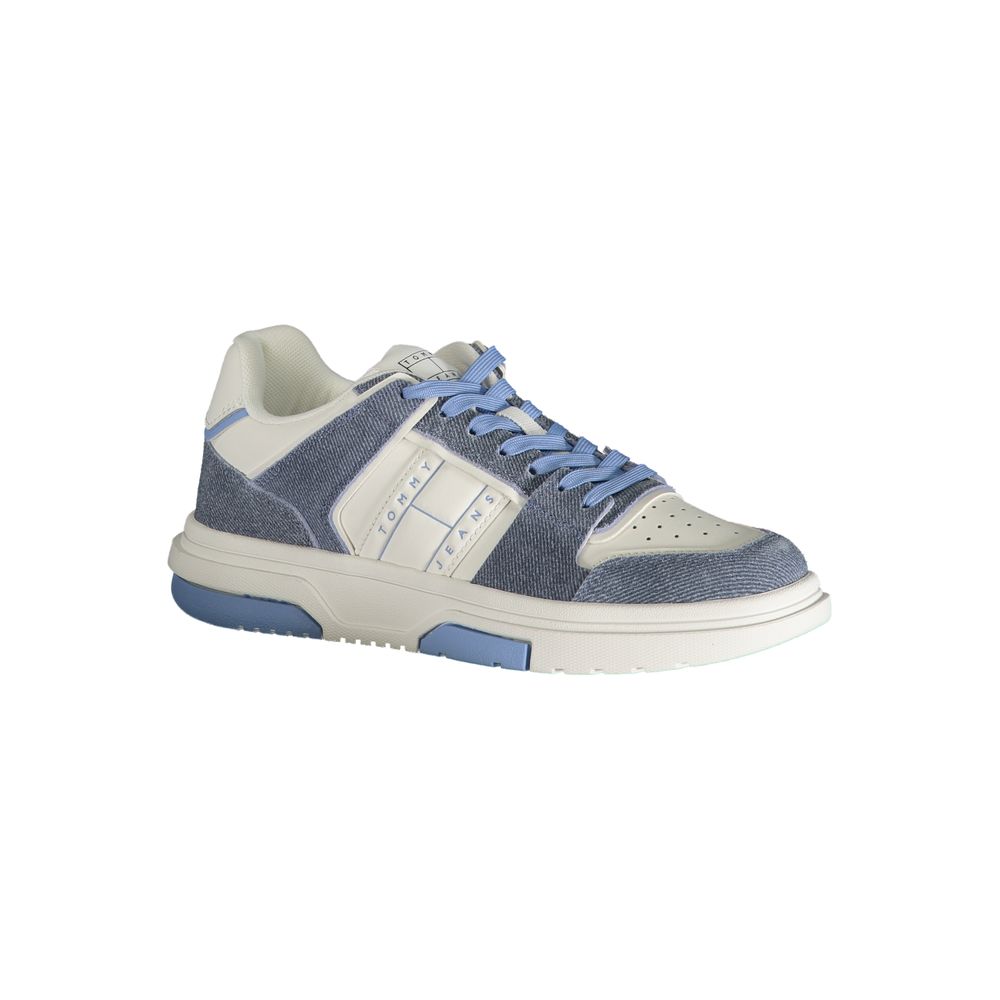 Blue and white women's sneaker with laces, featuring a denim-like texture on the upper