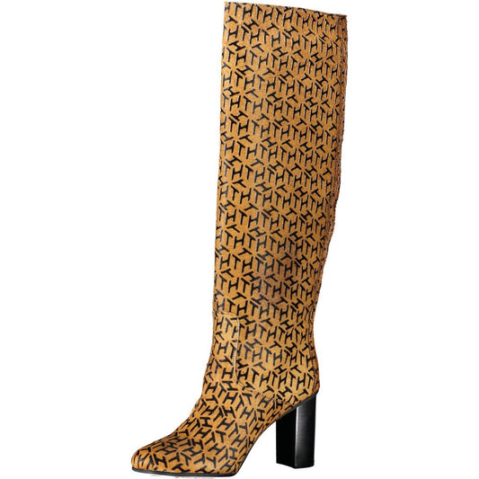 Tall brown boot with animal print pattern on top