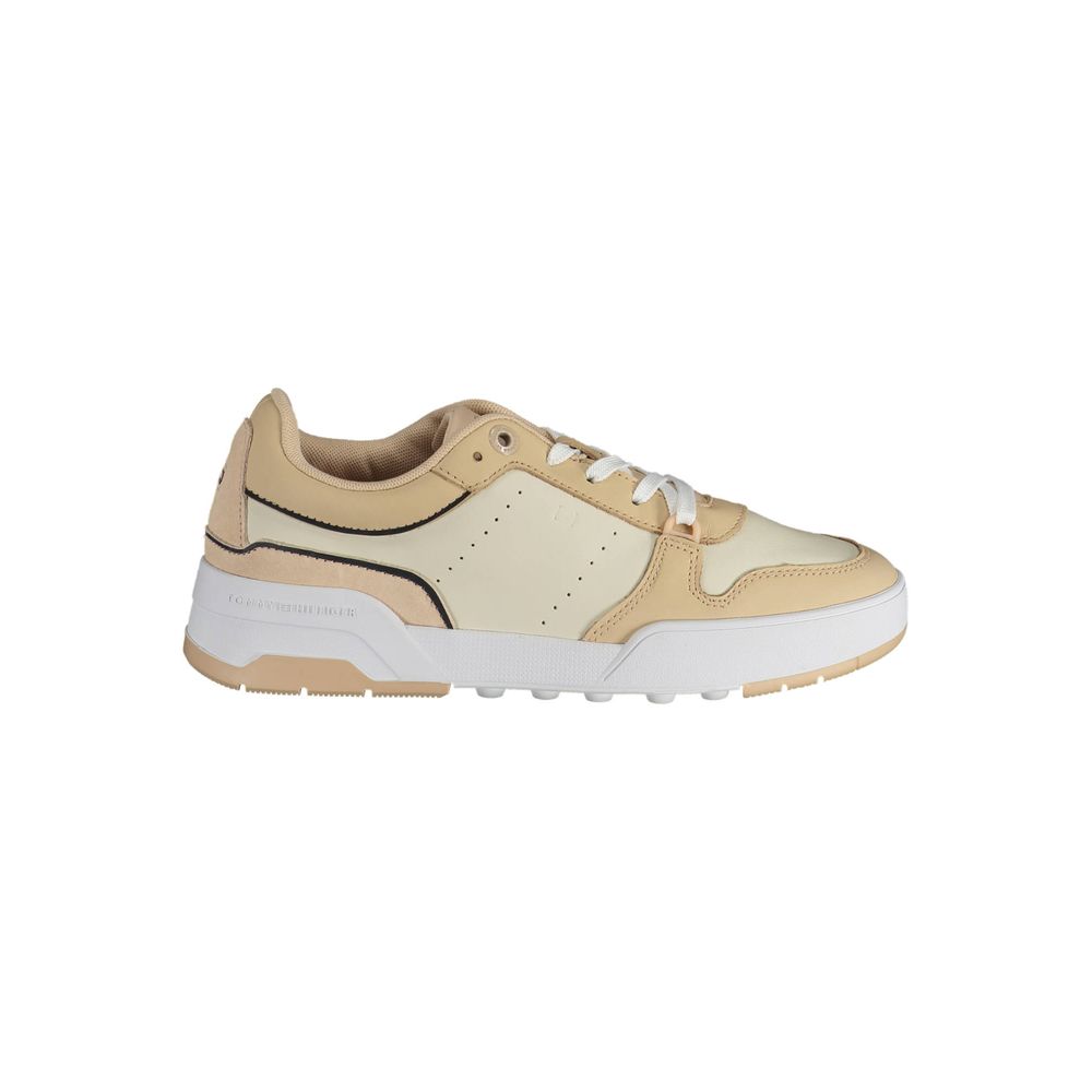 Tan sneaker with white sole